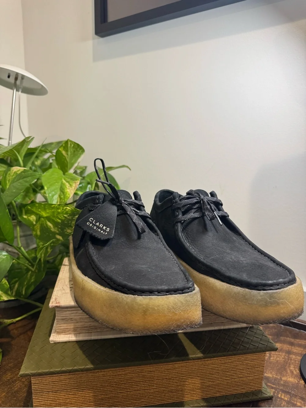 Clarks Black Chukka Wallabee-Style Shoes with Tan Crepe Sole